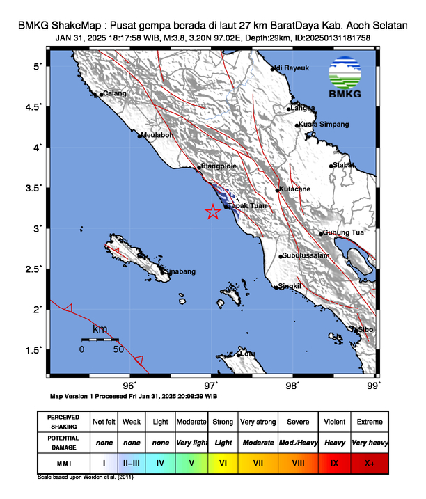 Gempa M 6,2 di Kedalaman 29 KM Arah Barat Daya Aceh Selatan