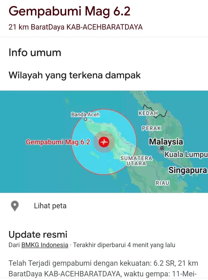 Gempa 6,2 Abdya, Pesisir Barat-Selatan Aceh Merasakan