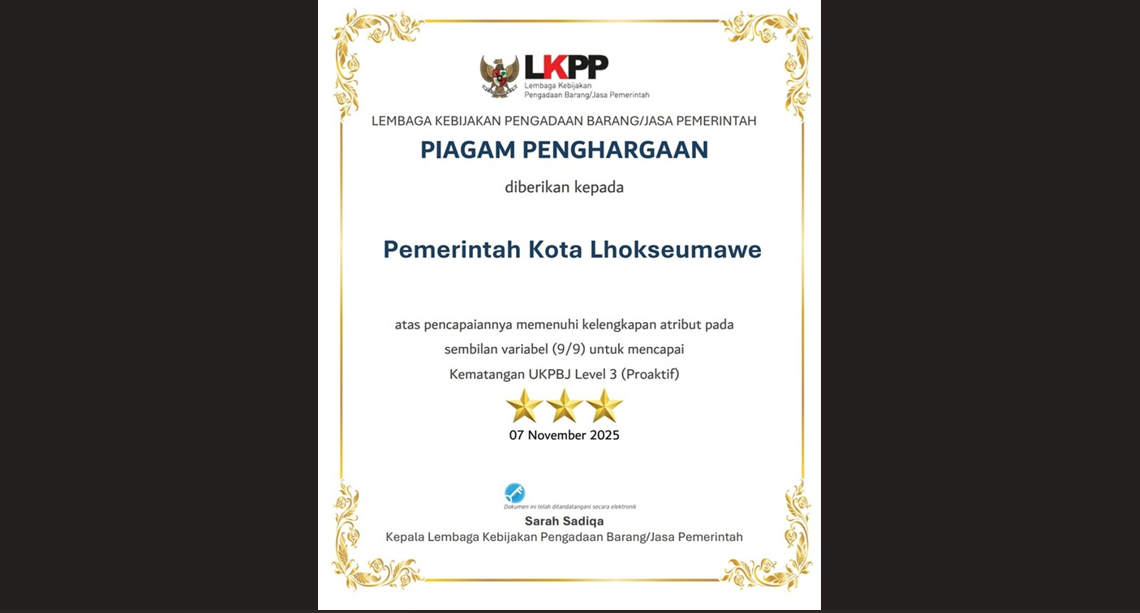 BPBJ Lhokseumawe Raih Penghargaan Nasional dari LKPP