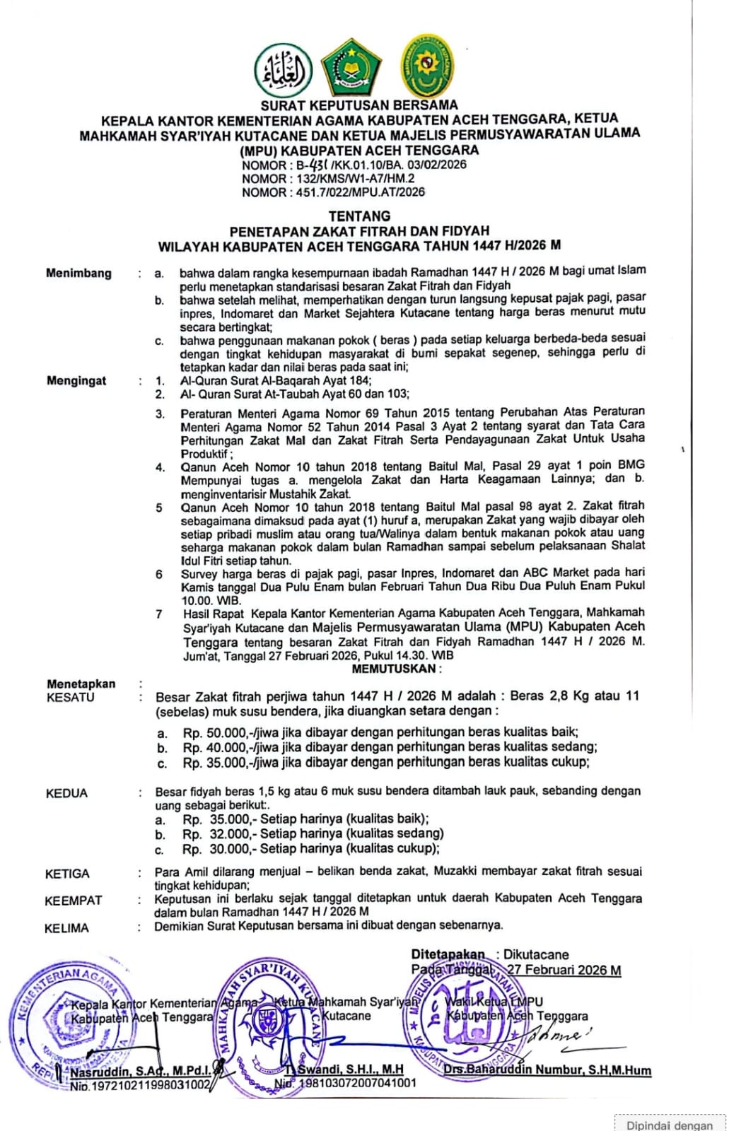 Zakat Fitrah Aceh Tenggara 1447 H, Rp35.000–Rp50.000 per Jiwa