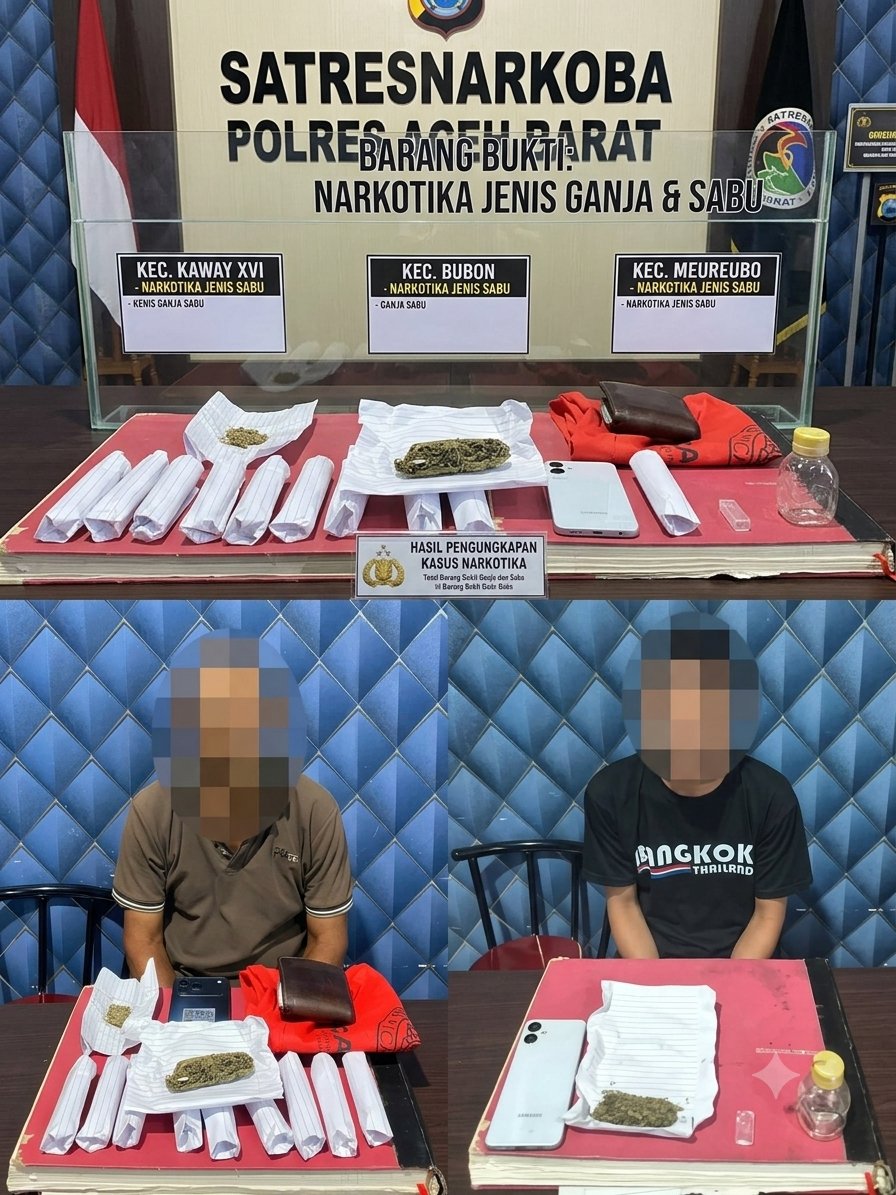 Ayah dan Anak Terlibat Kasus Narkoba, Polres Aceh Barat Sita 210 Gram Ganja
