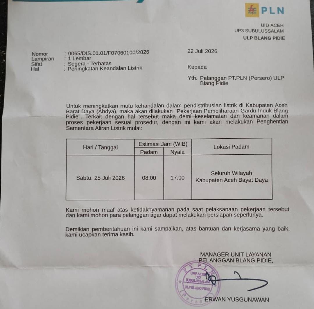 PLN Padamkan Listrik di Seluruh Abdya pada 25 Juli, Ini Penyebabnya